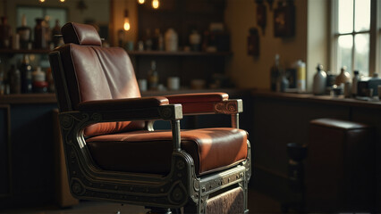 Vintage barber chair in a rustic barbershop with warm lighting and classic decor