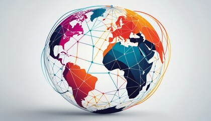 A striking geometric representation of a world globe, using vibrant colors and interconnecting lines, showcasing globalization and interconnectedness in a modern artistic style.
