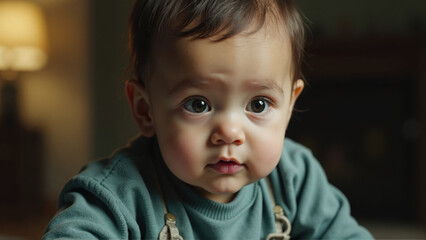 Cute baby with big eyes and curious expression in a cozy indoor setting during the afternoon
