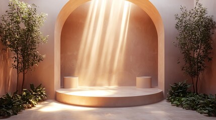 Fototapeta premium Sunbeams Through Archway: A minimalist interior design concept with a circular stage bathed in warm sunlight streaming through a majestic archway. Lush greenery frames the scene.
