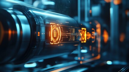 A closeup of a smart sensor embedded in machinery with luminous icons indicating how AI processes its data to forecast equipment performance and downtime.