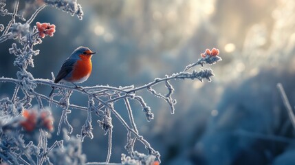 A vivid image of a European robin perched on a frost-covered branch during winter