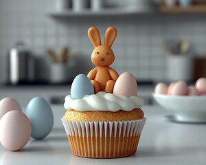 Easter cupcake decorated with  bunny and pastel eggs sits on  plate in  kitchen. It embodies the spirit of Easter, celebrating spring and new beginnings.  Easter greeting card. copy space.