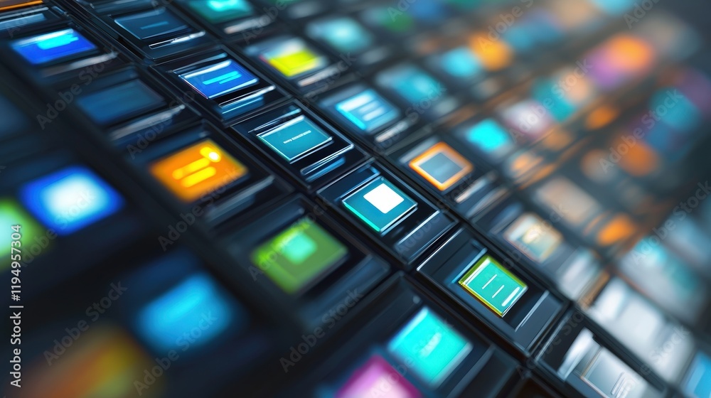 Poster abstract view of colorful online file management system icons on a digital interface for effective s