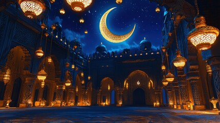 Obraz premium Night Scene of Majestic Islamic Architecture under Crescent Moon