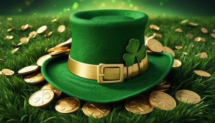 A vibrant green leprechaun hat sits on a bed of gold coins, adorned with a clover, symbolizing wealth and festivity in a magical, lush setting
