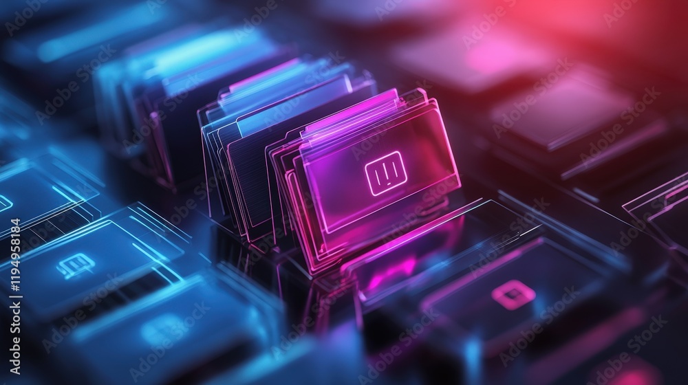Poster futuristic digital file management system concept for online storage with colorful interface and abs
