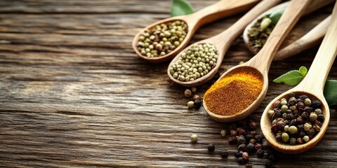 Assorted Indian spices in wooden spoons arranged on a rustic wooden table with green leaves on the side and copy space for text