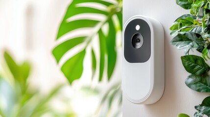 Doorbell Cameras Security. Smart security camera mounted on a wall surrounded by green plants.