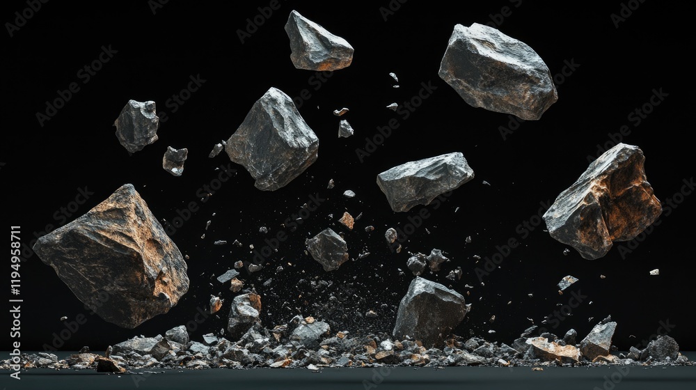 Poster 3d rendered objects, including stones and debris, set against a black background, showcasing a drama