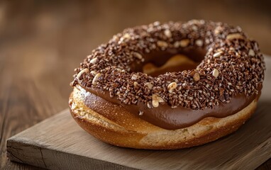 A delightful chocolate donut topped with crunchy nuts, perfect for celebrating Easter with sweet treats and joyful gatherings.