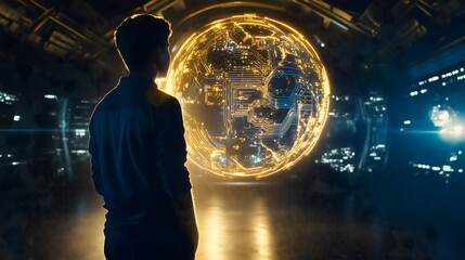 Digital Futuristic Control Center with Illuminated Globes