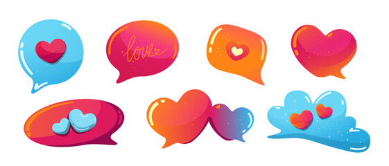Collection of speech bubbles in the shape of a heart. Elements for Valentine's Day, wedding, birthday. Vector illustration.