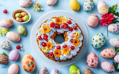 A beautifully decorated Easter cake featuring vibrant frosting and delicate flowers on an elegant plate, perfect for festive celebrations.