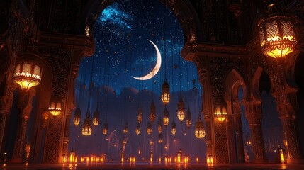 Obraz premium Enchanted Ramadan Night: A Digital Vision of Islamic Architecture under a Crescent Moon