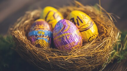 Obraz premium A detailed close-up of a nest containing three beautifully decorated Easter eggs, showcasing vibrant colors and intricate designs.