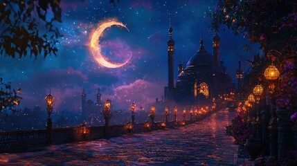 Obraz premium Enchanted Night: Crescent Moon over a Mystical City