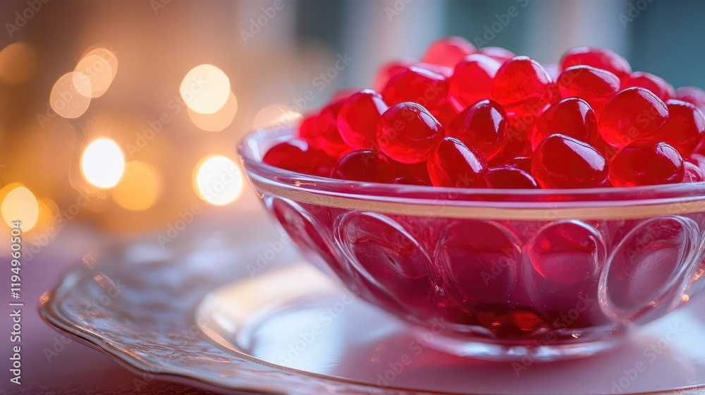 Poster a beautiful bowl filled with red jelly candies, set on an elegant plate with a softly lit background