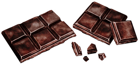 Chocolate piece watercolor. Hand drawn slice of dark chocolate bar on isolated white background. Clip art of sweet dessert. Ideal for logo and packaging of sweets, coffee shop menu and recipes