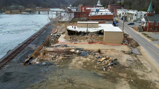 4K Aerial Drone Video of Damaged Buildings in Historic Downtown Marshall, NC Caused by Hurricane Helene (2024)