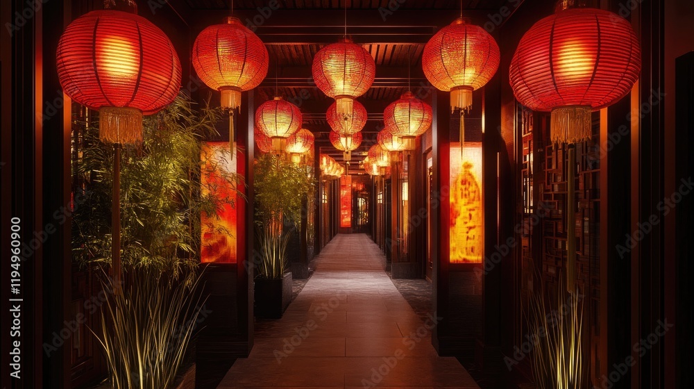 Poster A beautiful corridor illuminated by glowing red lanterns, creating a captivating and warm atmosphere filled with traditional charm.