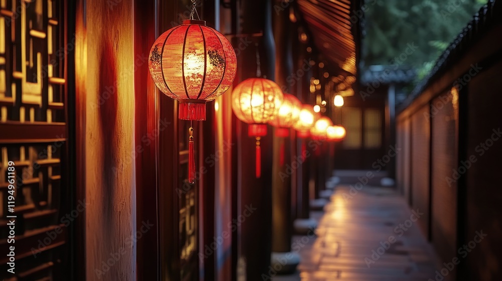 Poster A beautiful corridor illuminated by glowing red lanterns, creating a captivating and warm atmosphere filled with traditional charm.