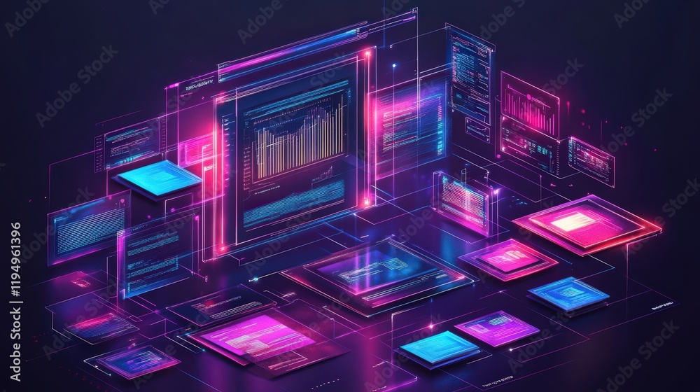 Poster digital interface representing document management system for online file storage with graphs and da