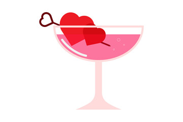 Fun, pink cocktail glass with red hearts and love drink garnish isolated on white background, Valentine's day romantic beverage vector illustration for banner, article, banner