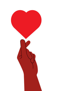 Finger heart gesture with red heart illustration on transparent background. Brown, black hand making heart shape&ndash; romantic design for Valentine's day, love-themed celebrations, cards or adverts