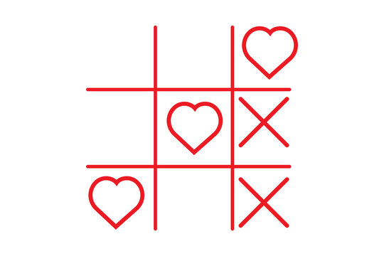 Love tic tac toe game with red hearts and crosses isolated on white background, Valentine's day romantic vector illustration for cards, social media, wedding designs and love themed celebrations