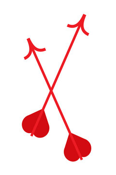 Red heart shaped arrows crossed isolated on white background, cupid love symbol vector illustration for Valentine's Day romance, wedding design, social media, article. Vertical layout 