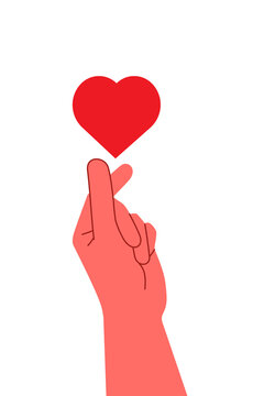 Finger heart gesture with red heart illustration on transparent background. White hand making heart shape&ndash; romantic design for Valentine's day, love-themed celebrations, cards or adverts