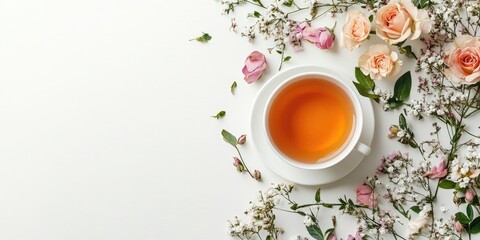 Aromatic tea cup surrounded by soft pastel pink and white flowers on a light background, delicate floral arrangement with inviting warm tea.