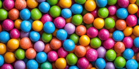 Obraz premium Vibrant assortment of colorful round candies in shades of blue green orange pink and purple scattered on a bright background