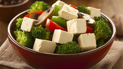 Bowl of vegan tofu salad with colorful vegetables