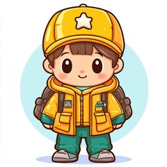 Fototapeta premium Cute Cartoon Boy Wearing Yellow Jacket Backpack And Cap