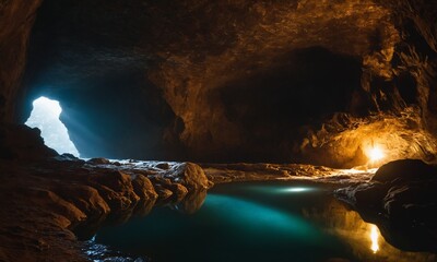 신비로운동굴 아래는 멋진물이 있다 동굴속 빛이비친다.