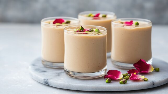 dessert presentation, thandai mousse in decorative cups, topped with rose petals and pistachios, on a pastel background