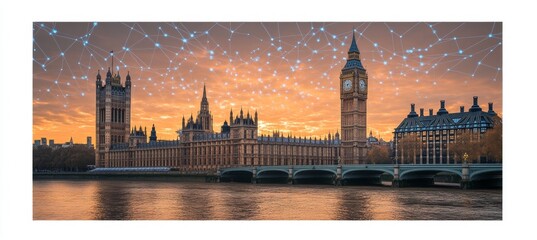 Houses of Parliament and Big Ben with Digital Network Overlaid Against a Sunset Sky, London, UK