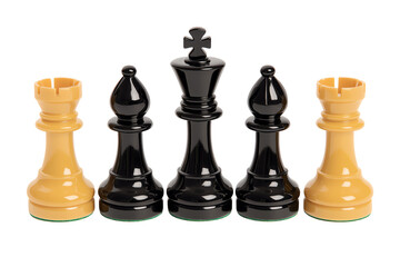 A set of chess pieces showcasing a black king and queen alongside a yellow rook, featuring glossy finishes and distinct designs.