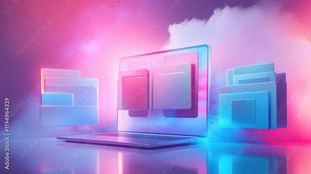 Poster digital management system for online file storage with futuristic visualization of data organization