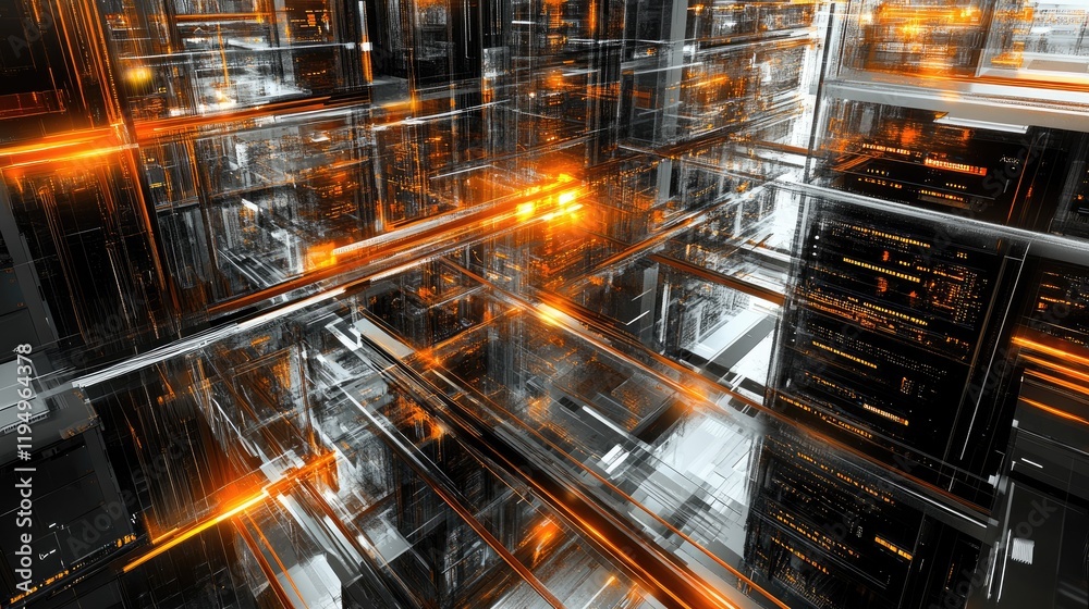 Poster a bustling server room with numerous interconnected servers and bright orange cables, symbolizing ad