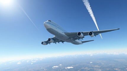 Naklejka premium A cargo plane flying through a crisp, clear blue sky, leaving behind trails of contrails, symbolizing efficient transportation and logistics.