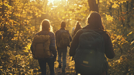 A family engaging in a group activity such as hiking or nature walks, where each member is sharing the experience while enjoying the outdoors.