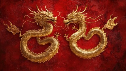 Fototapeta premium Golden Dragons Facing Each Other on Red Background in Detail