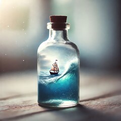 Glass Bottle with Miniature Ocean and Sailboat	