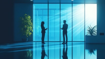 Silhouetted businesspeople conversing in modern office.
