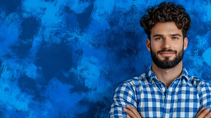 A smiling man with curly hair and a beard stands confidently against a vibrant blue background, wearing a checkered shirt.