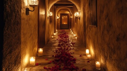 Fototapeta premium A charming and dimly lit stone corridor lined with candles and rose petals, creating a romantic and mysterious atmosphere for intimate moments.