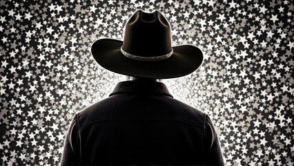 View of a person in a cowboy hat standing against a twinkling star background during a night sky observation event